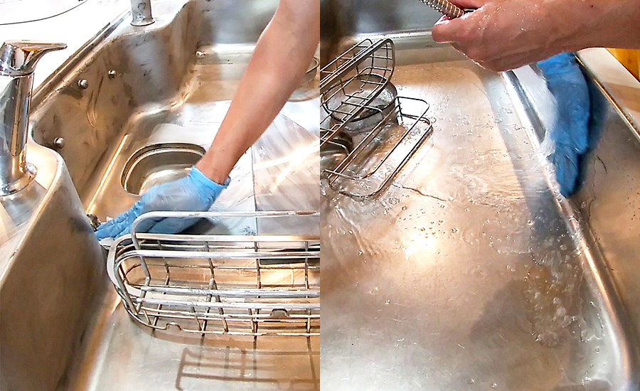 キッチンシンクはクリーナーをティッシュで拭き取ってから中性洗剤で洗い流す