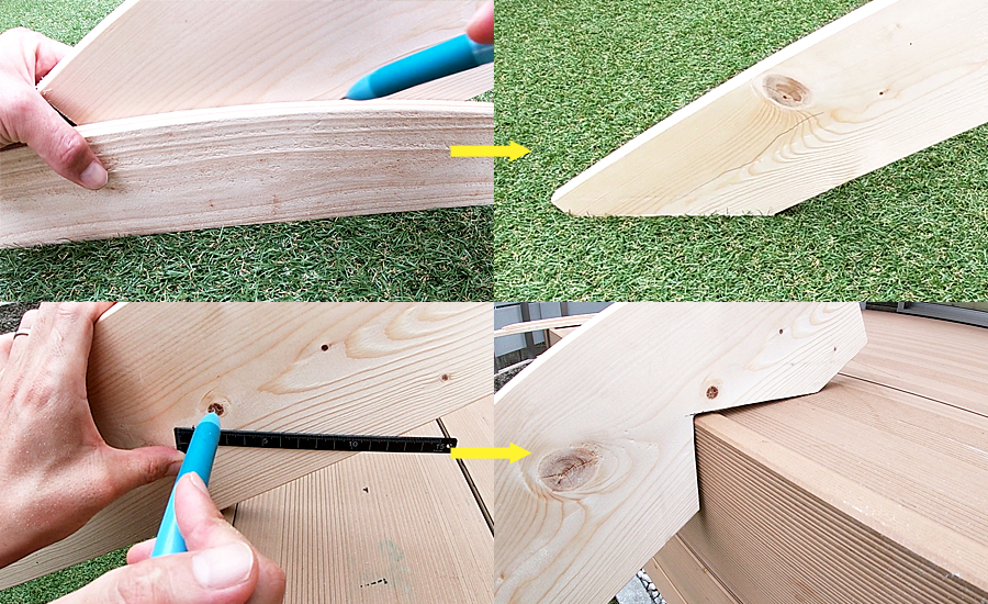 ウッドデッキに1×6材(ワンバイシックス)を立てかけてみて脚部分とウッドデッキに掛ける部分をL字定規で直角を測り下書きし、カット