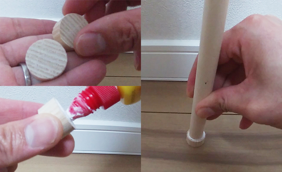 IKEA(イケア)のロール紙をセットする丸棒は一回り大きな丸棒をカットして木工用ボンドで両端に取り付けます