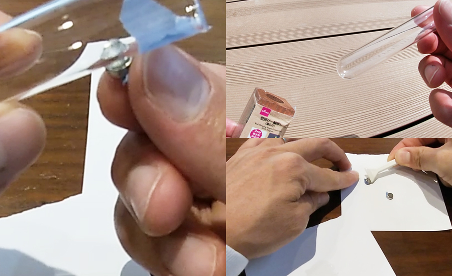 DAISOで購入した試験管型の一輪挿しに板につけた物より一回り小さい丸形マグネットをガラス用接着剤で固定しました