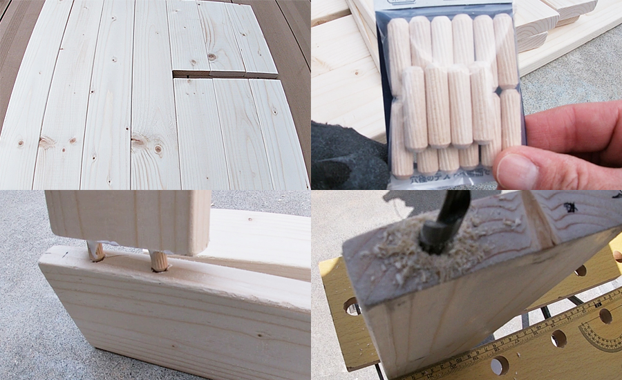 カットした1×4材(ワンバイフォー)に木工ダボにピッタリの穴を開けて木工用ボンドで取り付けていきました