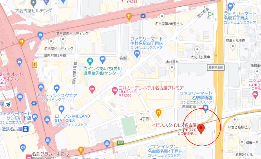「イビススタイルズ名古屋」はJRや名鉄、近鉄などの名古屋駅へ歩いていけるぐらいの位置にあり
