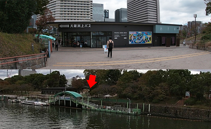 大川(旧淀川)を回遊するアクアライナーの乗り場は大阪ビジネスパークに近い場所にあります